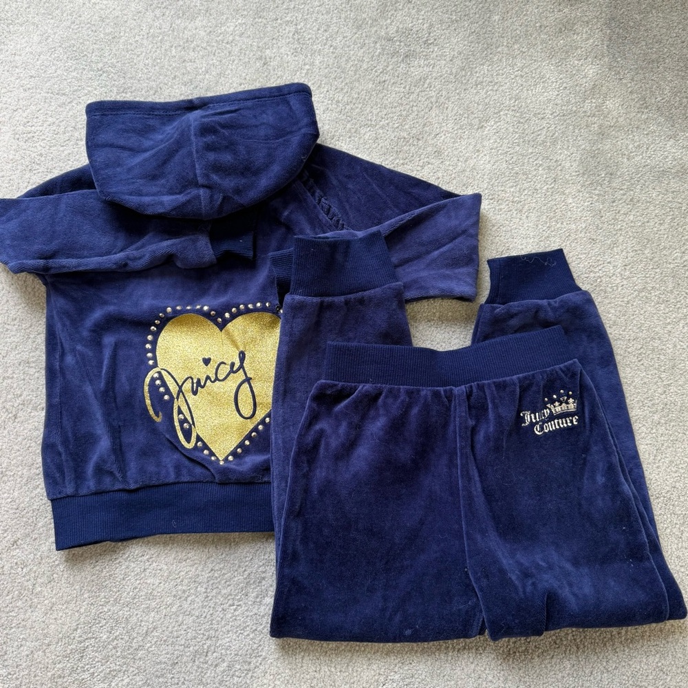 Juicy Couture Toddler Velour Tracksuit Set Navy Blue Heart Hoodie & Pants 4T - Picture 3 of 13